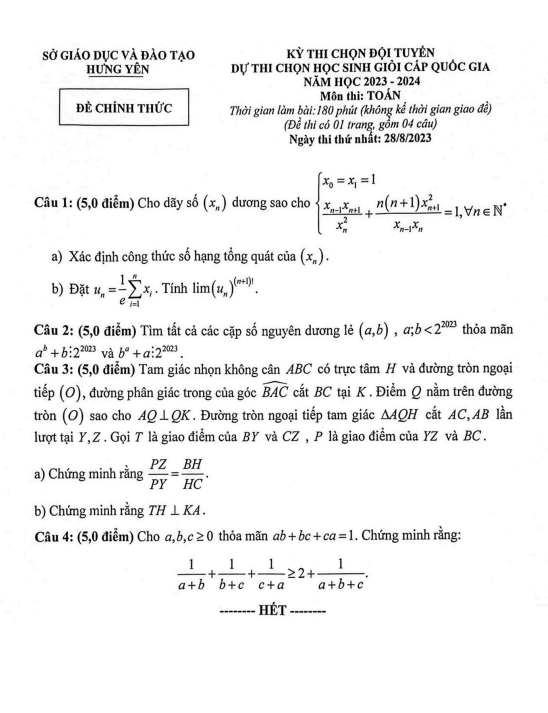 Đề chọn đội tuyển thi HSG QG môn Toán năm 2023 – 2024 sở GD&ĐT Hưng Yên