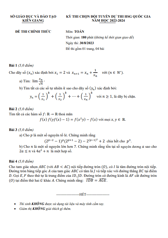 Đề chọn đội tuyển thi HSG QG môn Toán năm 2023 – 2024 sở GD&ĐT Kiên Giang