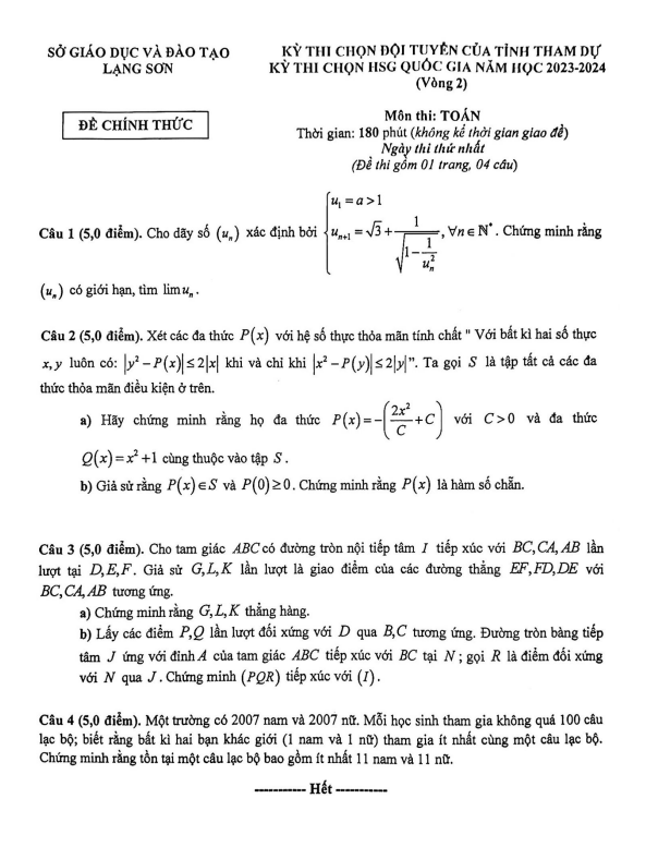 Đề chọn đội tuyển thi HSG QG môn Toán năm 2023 – 2024 sở GD&ĐT Lạng Sơn