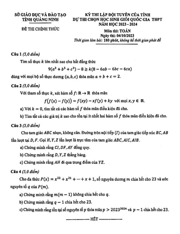Đề chọn đội tuyển thi HSG QG môn Toán năm 2023 – 2024 sở GD&ĐT Quảng Ninh