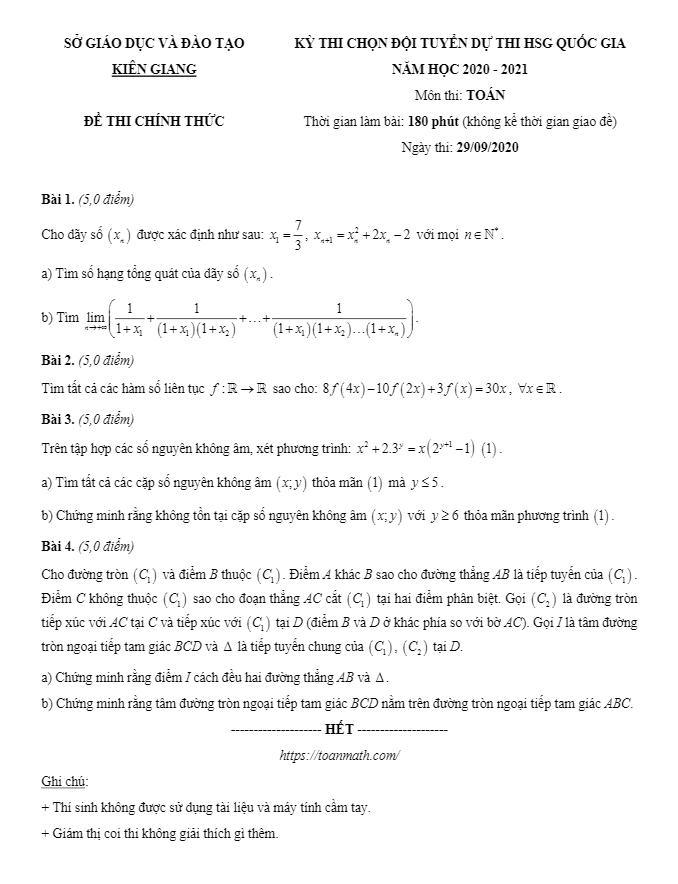 Đề chọn đội tuyển thi HSG Quốc gia môn Toán năm 2020 – 2021 sở GD&ĐT Kiên Giang