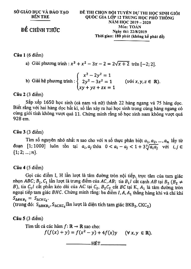 Đề chọn đội tuyển thi HSG Quốc gia Toán 12 năm 2019 – 2020 sở GD&ĐT Bến Tre
