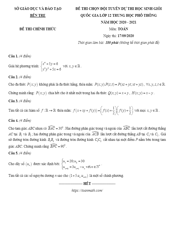 Đề chọn đội tuyển thi HSG Quốc gia Toán 12 năm 2020 – 2021 sở GD&ĐT Bến Tre