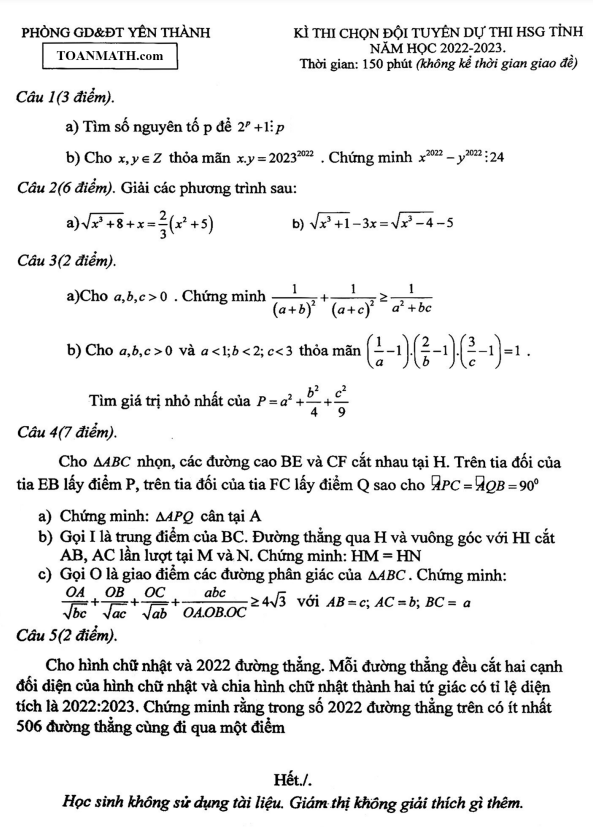 Đề chọn đội tuyển thi HSG tỉnh Toán 9 năm 2022 – 2023 phòng GD&ĐT Yên Thành – Nghệ An