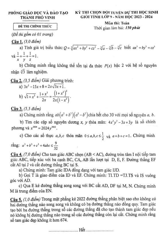 Đề chọn đội tuyển thi HSG Toán 9 năm 2023 – 2024 phòng GD&ĐT Vinh – Nghệ An