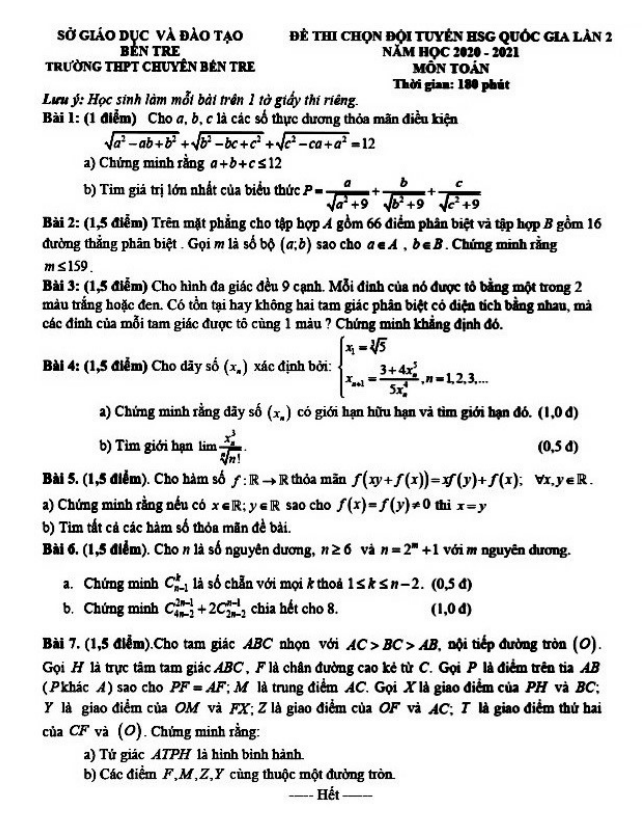 Đề chọn đội tuyển thi HSG Toán Quốc gia 2020 – 2021 trường chuyên Bến Tre (lần 2)