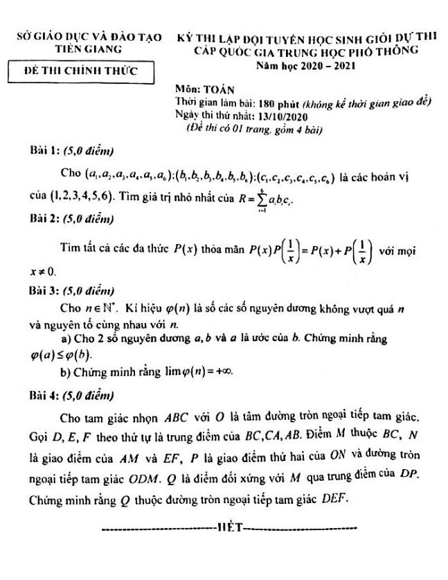 Đề chọn đội tuyển thi HSG Toán Quốc gia năm 2020 – 2021 sở GD&ĐT Tiền Giang