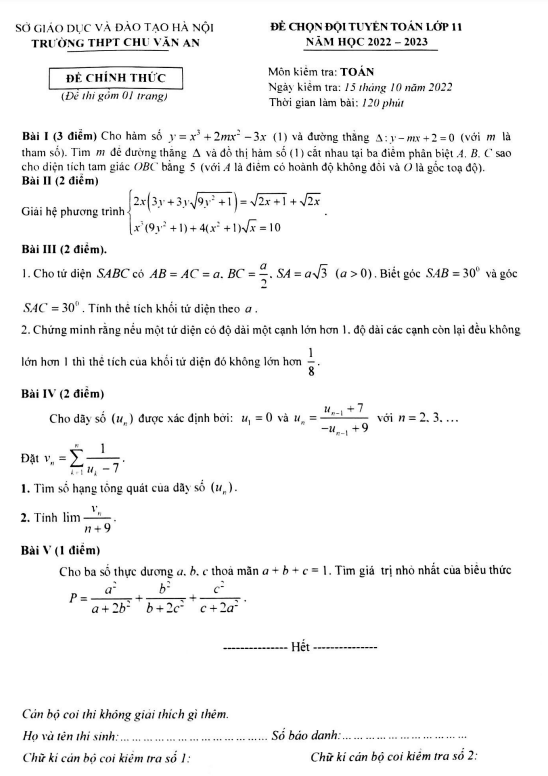 Đề chọn đội tuyển Toán 11 năm 2022 – 2023 trường THPT Chu Văn An – Hà Nội