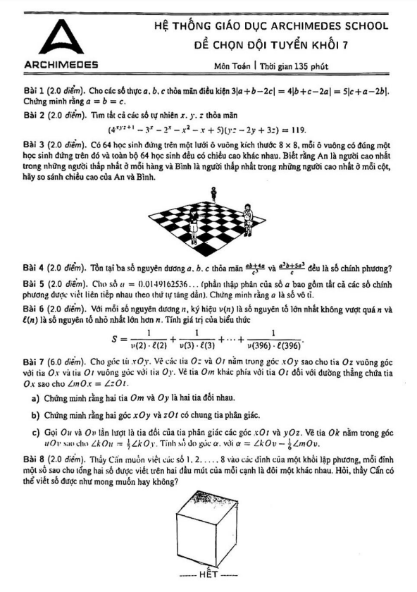 Đề chọn đội tuyển Toán 7 năm 2022 – 2023 hệ thống GD Archimedes School – Hà Nội
