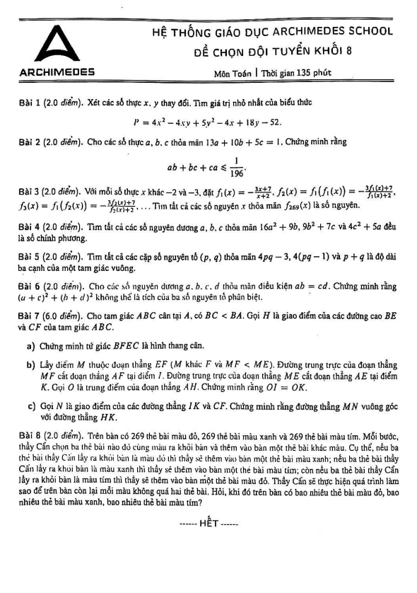 Đề chọn đội tuyển Toán 8 năm 2022 – 2023 hệ thống GD Archimedes School – Hà Nội