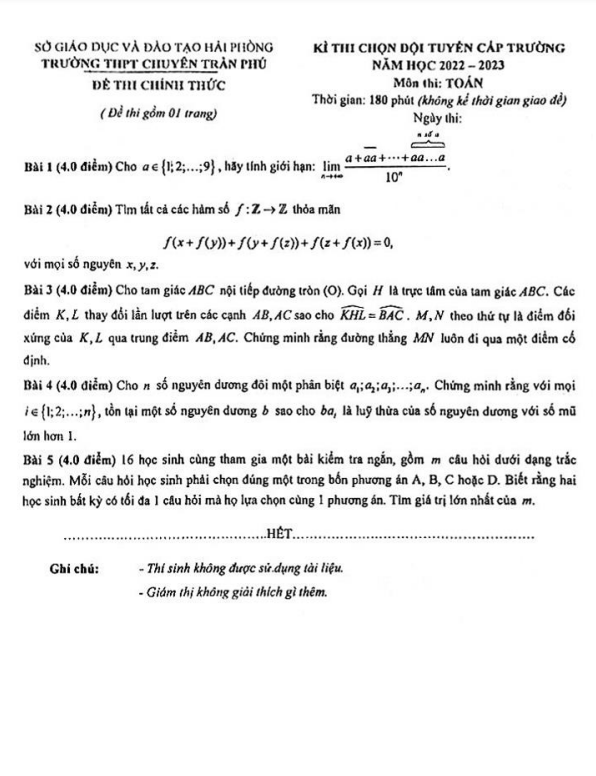 Đề chọn đội tuyển Toán năm 2022 – 2023 trường THPT chuyên Trần Phú – Hải Phòng
