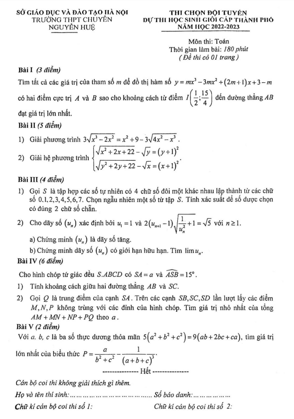 Đề chọn đội tuyển Toán thi HSG thành phố năm 2023 trường chuyên Nguyễn Huệ – Hà Nội