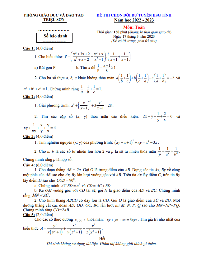 Đề chọn ĐT HSG tỉnh Toán 8 năm 2022 – 2023 phòng GD&ĐT Triệu Sơn – Thanh Hóa