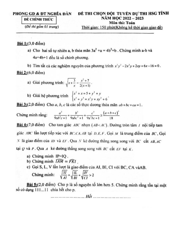 Đề chọn ĐT thi HSG tỉnh Toán 9 năm 2022 – 2023 phòng GD&ĐT Nghĩa Đàn – Nghệ An
