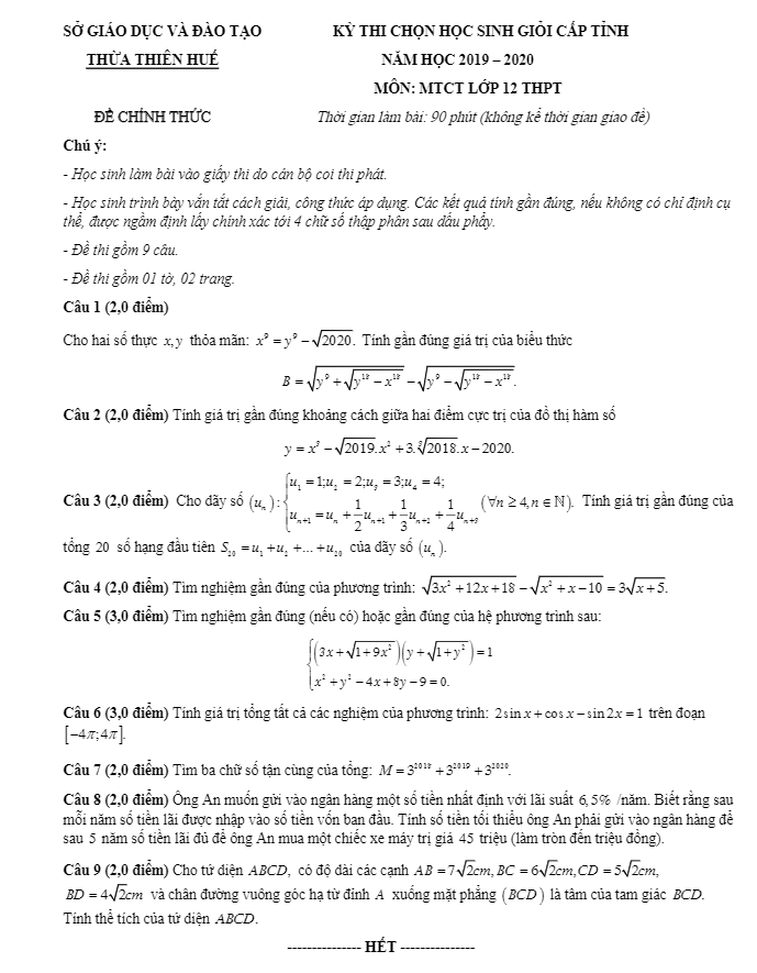 Đề chọn học sinh giỏi MTCT 12 năm 2019 – 2020 sở GD&ĐT Thừa Thiên Huế