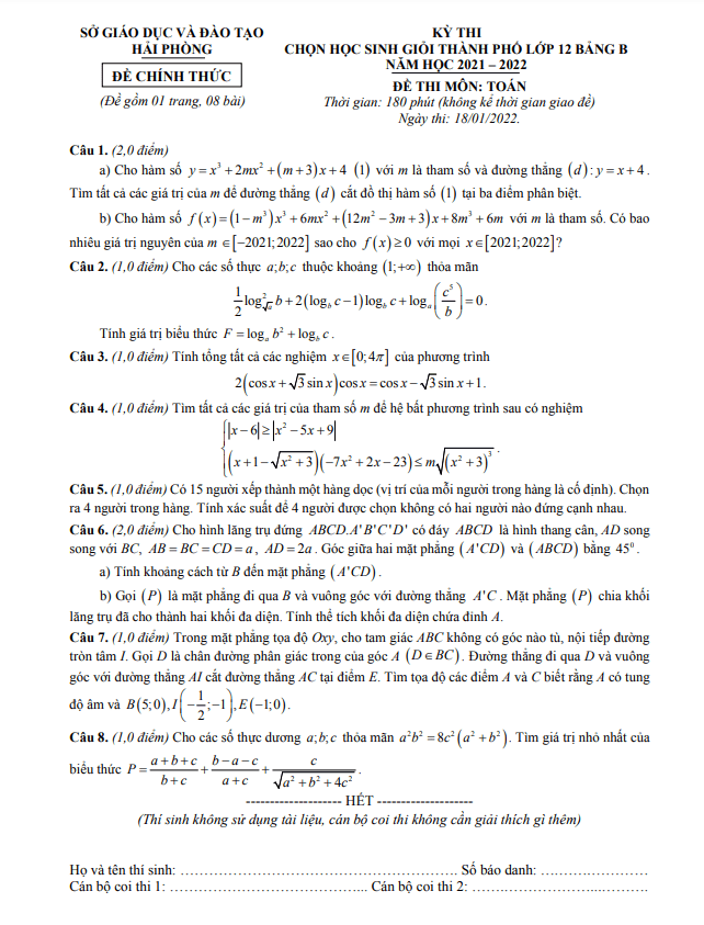 Đề chọn học sinh giỏi thành phố Toán 12 năm 2021 – 2022 sở GD&ĐT Hải Phòng
