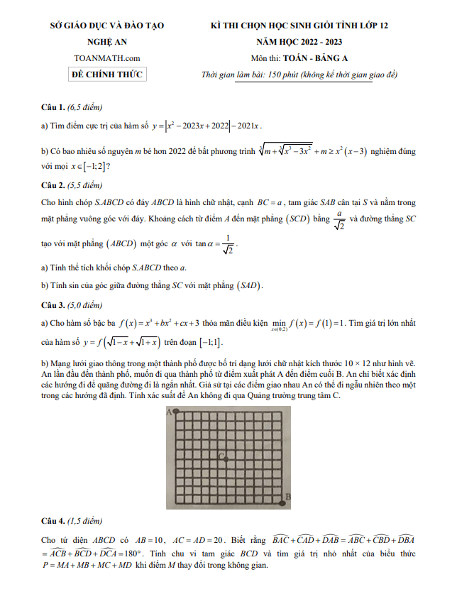 Đề chọn học sinh giỏi tỉnh Toán 12 năm 2022 – 2023 sở GD&ĐT Nghệ An