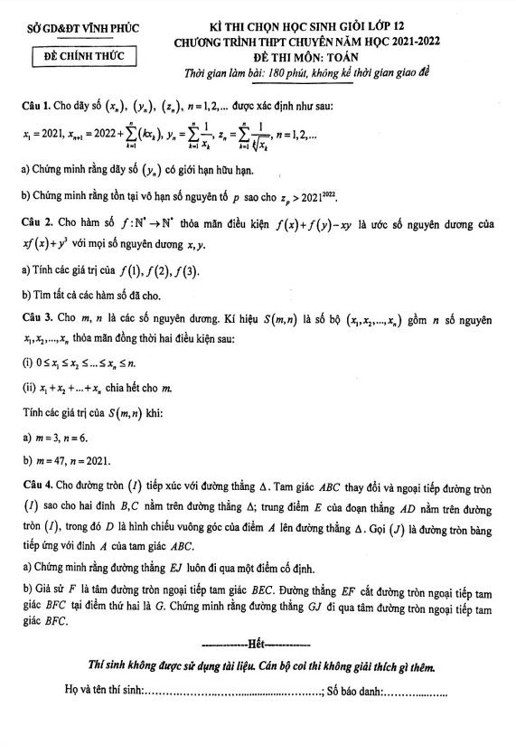 Đề chọn học sinh giỏi Toán 12 chuyên năm 2021 – 2022 sở GD&ĐT Vĩnh Phúc