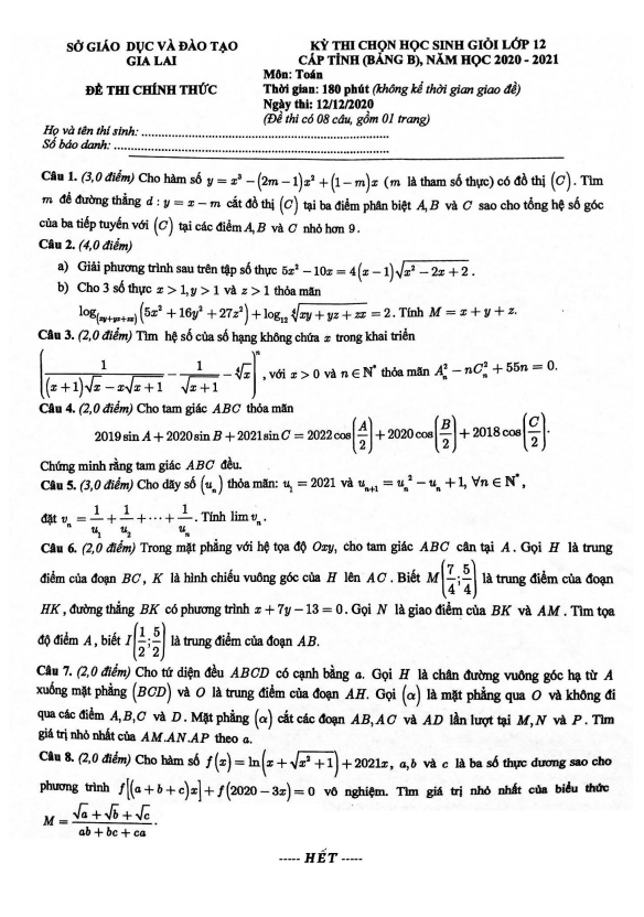 Đề chọn học sinh giỏi Toán 12 năm 2020 – 2021 sở GD&ĐT Gia Lai (Bảng B)