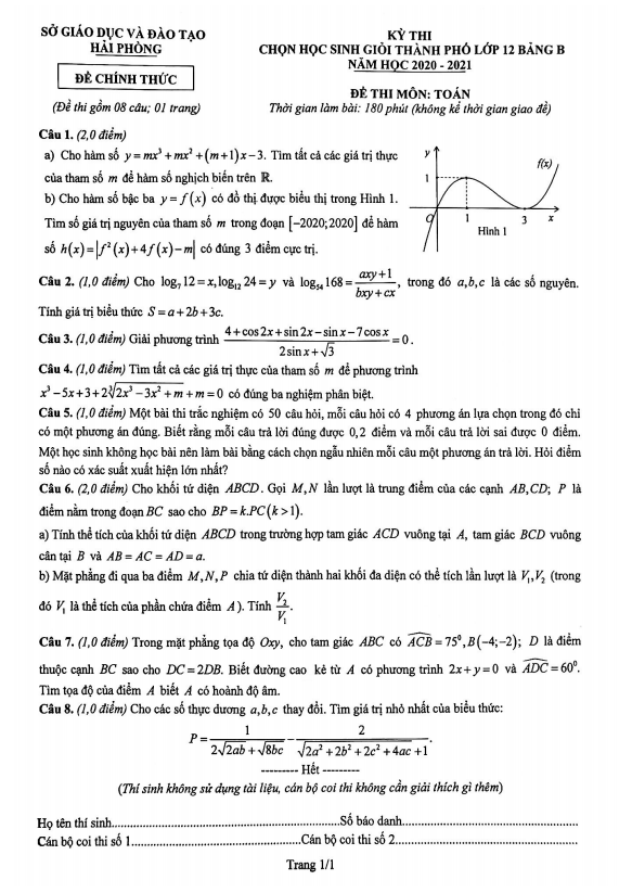 Đề chọn học sinh giỏi Toán 12 năm 2020 – 2021 sở GD&ĐT Hải Phòng (Bảng B)