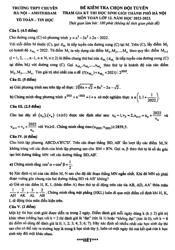 Đề chọn học sinh giỏi Toán 12 năm 2022 – 2023 trường chuyên Hà Nội – Amsterdam