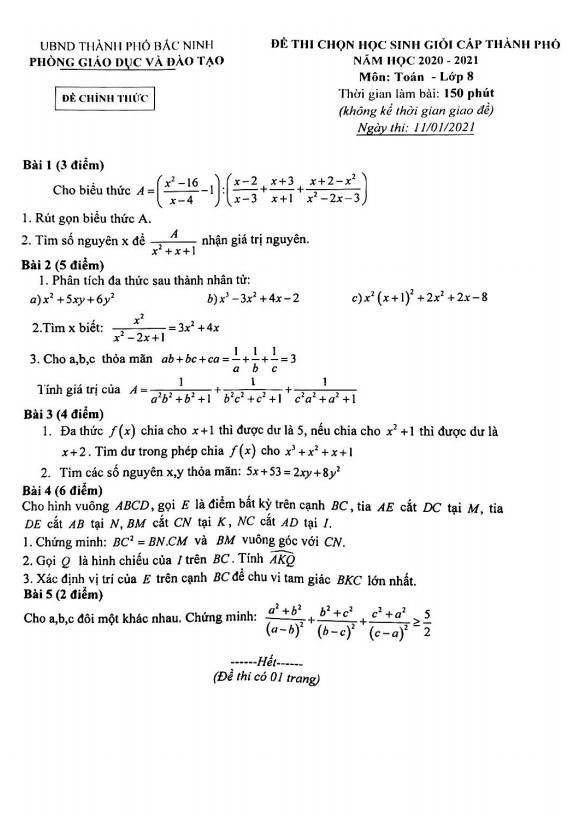 Đề chọn học sinh giỏi Toán 8 năm 2020 – 2021 phòng GD&ĐT Bắc Ninh