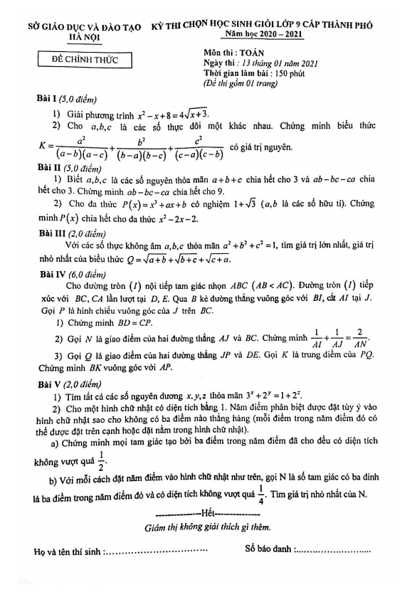 Đề chọn học sinh giỏi Toán 9 năm 2020 – 2021 sở GD&ĐT thành phố Hà Nội