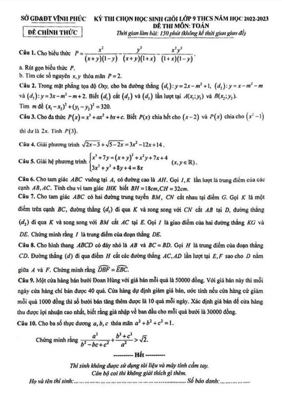 Đề chọn học sinh giỏi Toán 9 THCS năm 2022 – 2023 sở GD&ĐT Vĩnh Phúc