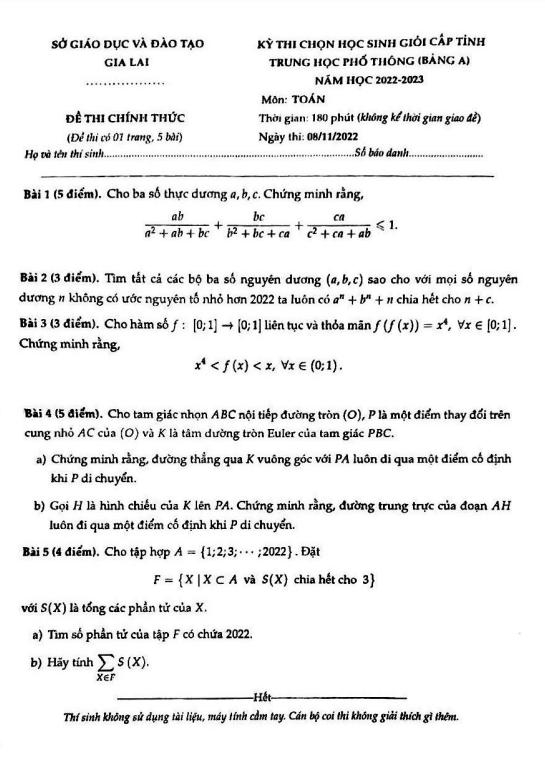 Đề chọn học sinh giỏi Toán THPT cấp tỉnh năm 2022 – 2023 sở GD&ĐT Gia Lai