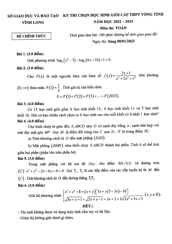 Đề chọn học sinh giỏi Toán THPT vòng tỉnh năm 2022 – 2023 sở GD&ĐT Vĩnh Long