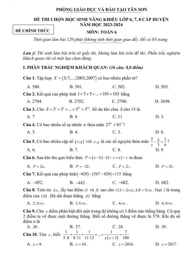 Đề chọn HS năng khiếu Toán 6 năm 2023 – 2024 phòng GD&ĐT Tân Sơn – Phú Thọ