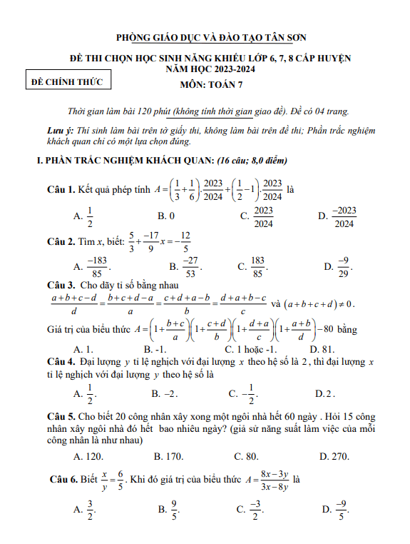 Đề chọn HS năng khiếu Toán 7 năm 2023 – 2024 phòng GD&ĐT Tân Sơn – Phú Thọ