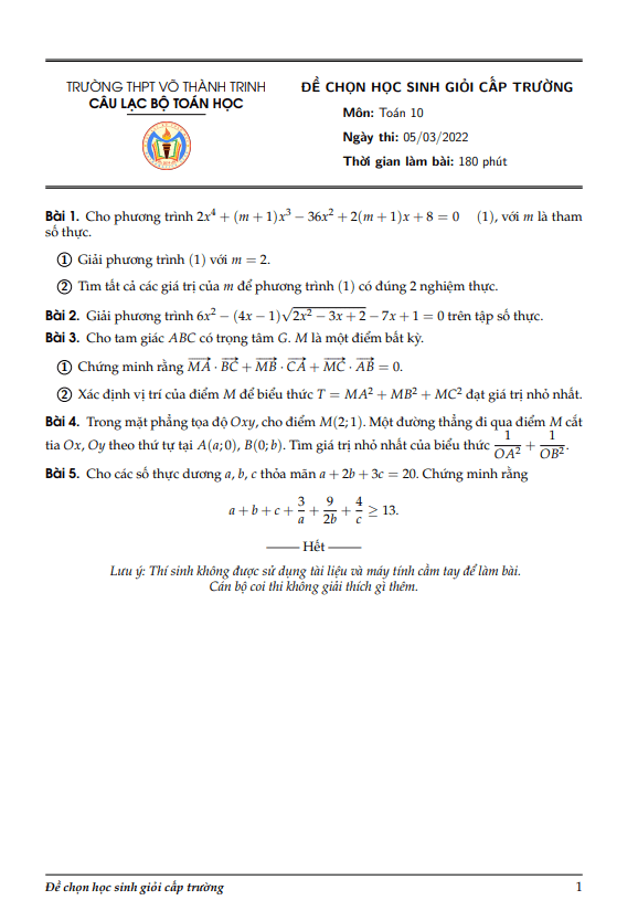 Đề chọn HSG Toán 10 năm 2021 – 2022 trường THPT Võ Thành Trinh – An Giang