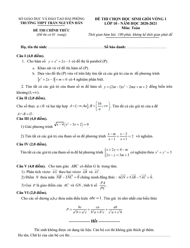 Đề chọn HSG Toán 10 vòng 1 năm 2020 – 2021 trường THPT Trần Nguyên Hãn – Hải Phòng