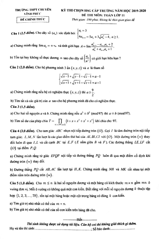 Đề chọn HSG Toán 11 cấp trường năm 2019 – 2020 trường THPT chuyên Vĩnh Phúc