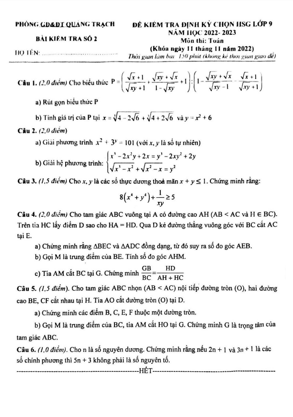 Đề chọn HSG Toán 9 năm 2022 – 2023 phòng GD&ĐT Quảng Trạch – Quảng Bình