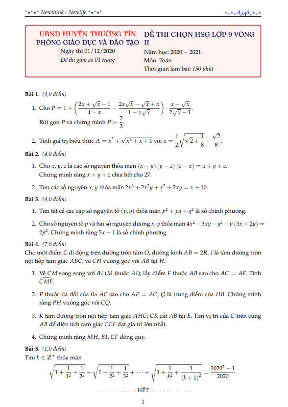 Đề chọn HSG Toán 9 vòng 2 năm 2020 – 2021 phòng GD&ĐT Thường Tín – Hà Nội
