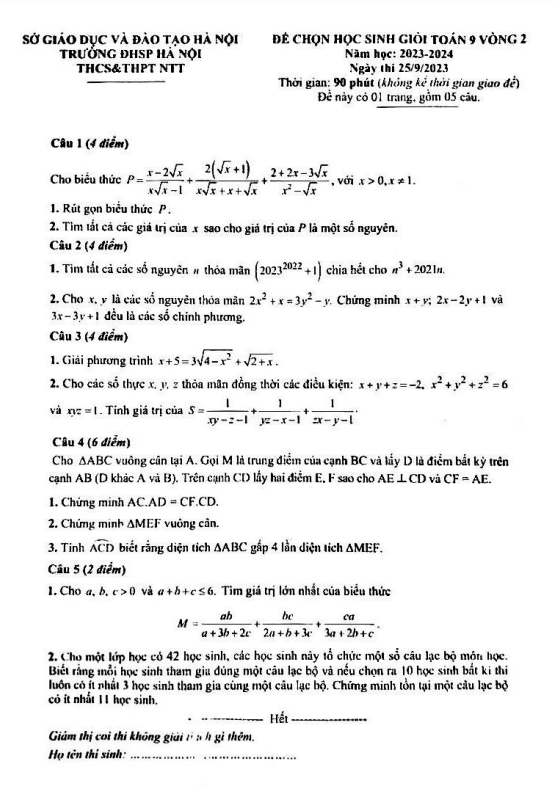 Đề chọn HSG Toán 9 vòng 2 năm 2023 – 2024 trường Nguyễn Tất Thành – Hà Nội