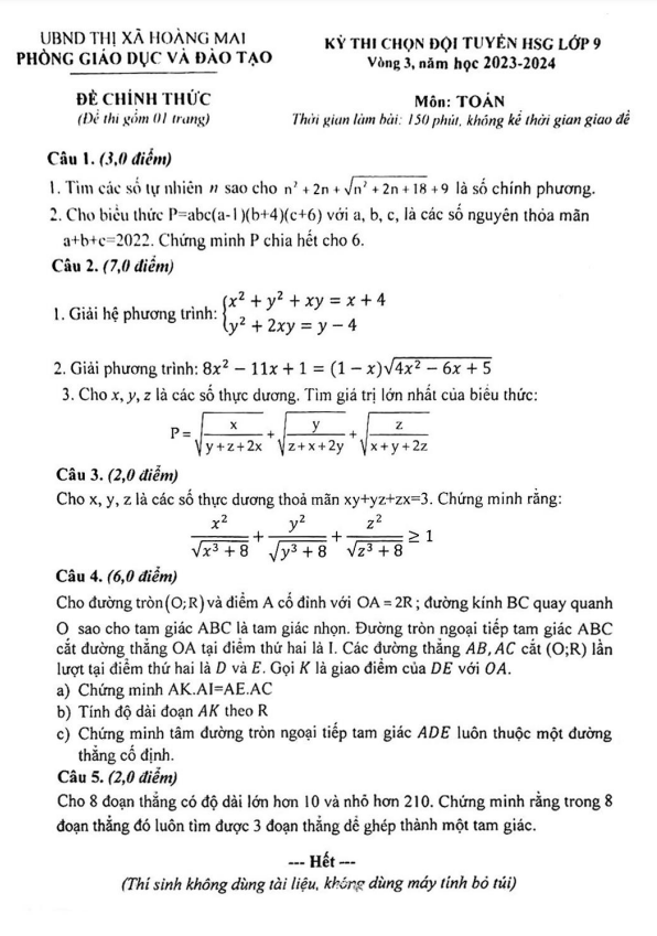 Đề chọn HSG Toán 9 vòng 3 năm 2023 – 2024 phòng GD&ĐT Hoàng Mai – Nghệ An