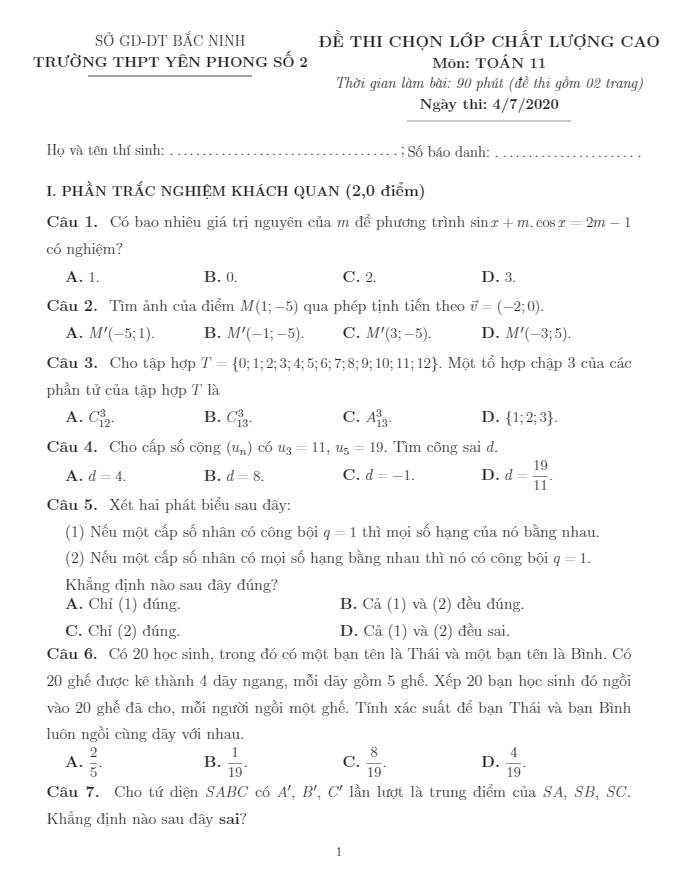 Đề chọn lớp chất lượng cao Toán 11 năm 2020 – 2021 trường Yên Phong 2 – Bắc Ninh