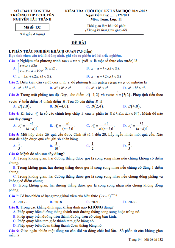 Đề cuối HK1 Toán 11 năm 2021 – 2022 trường chuyên Nguyễn Tất Thành – Kon Tum