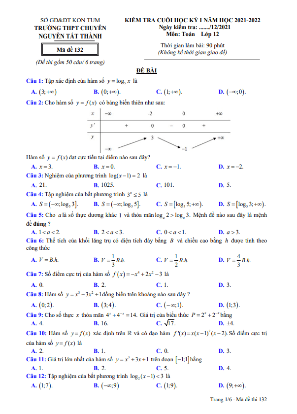Đề cuối HK1 Toán 12 năm 2021 – 2022 trường chuyên Nguyễn Tất Thành – Kon Tum