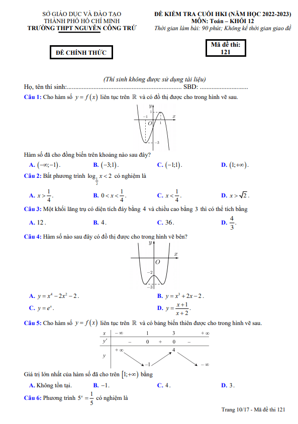 Đề cuối HK1 Toán 12 năm 2022 – 2023 trường THPT Nguyễn Công Trứ – TP HCM