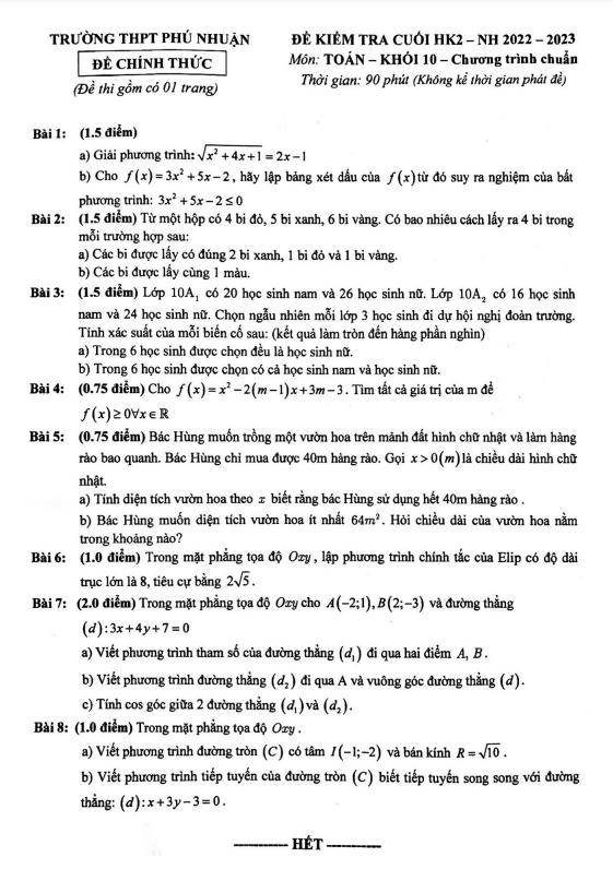 Đề cuối HK2 Toán 10 năm 2022 – 2023 trường THPT Phú Nhuận – TP HCM