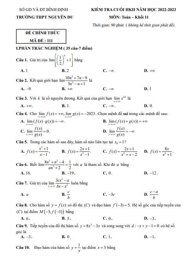 Đề cuối HK2 Toán 11 năm 2022 – 2023 trường THPT Nguyễn Du – Bình Định