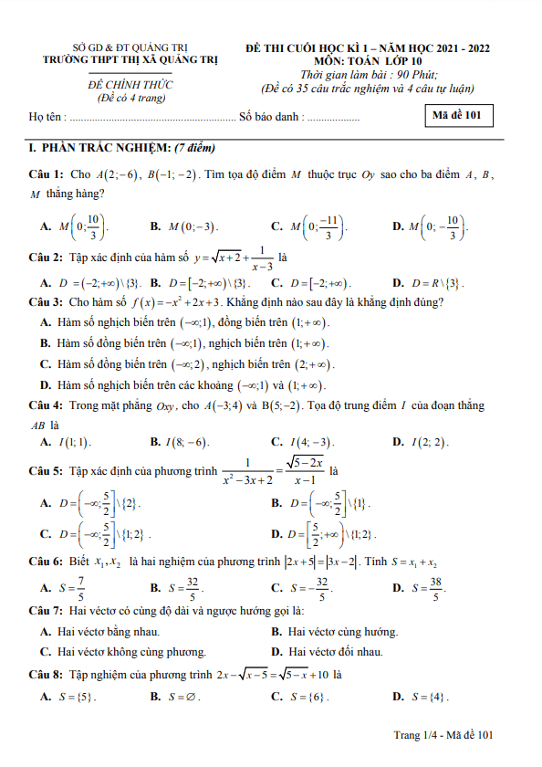 Đề cuối học kì 1 Toán 10 năm 2021 – 2022 trường THPT Thị xã Quảng Trị