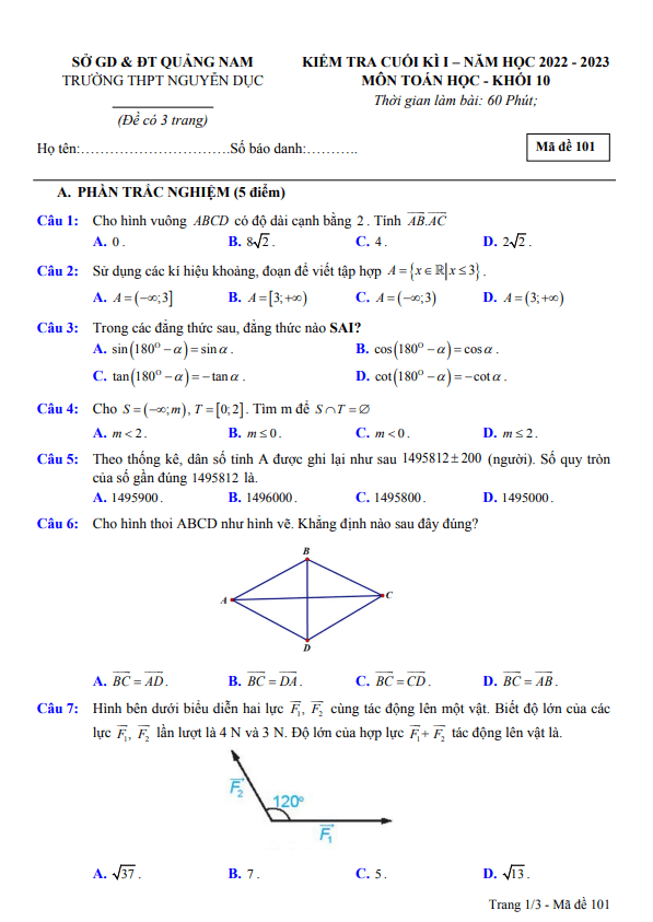 Đề cuối học kì 1 Toán 10 năm 2022 – 2023 trường THPT Nguyễn Dục – Quảng Nam