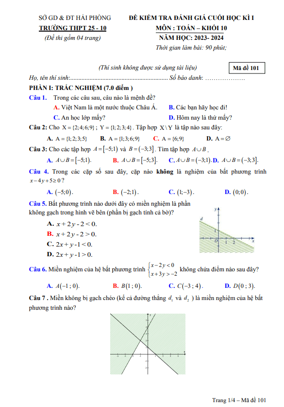 Đề cuối học kì 1 Toán 10 năm 2023 – 2024 trường THPT 25-10 – Hải Phòng