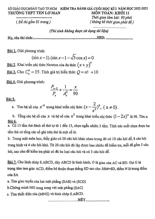 Đề cuối học kì 1 Toán 11 năm 2022 – 2023 trường THPT Ten Lơ Man – TP HCM