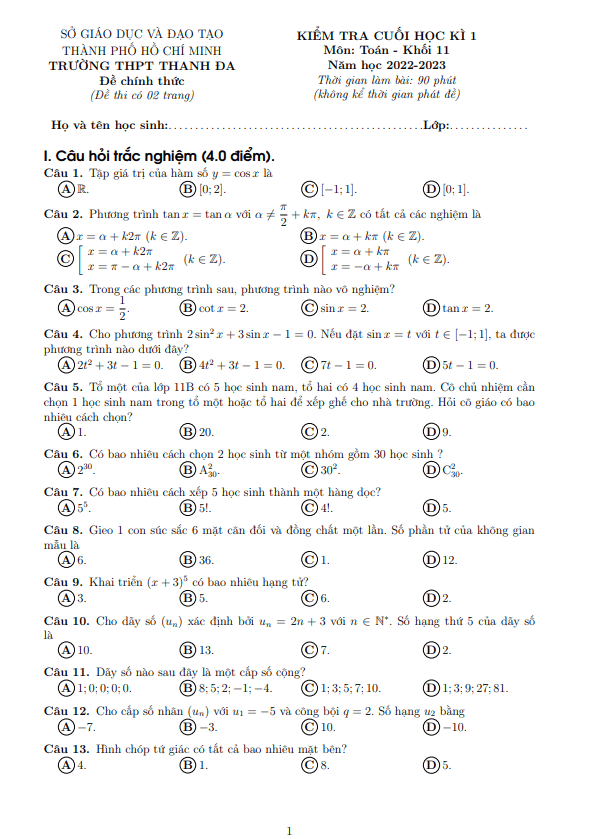 Đề cuối học kì 1 Toán 11 năm 2022 – 2023 trường THPT Thanh Đa – TP HCM
